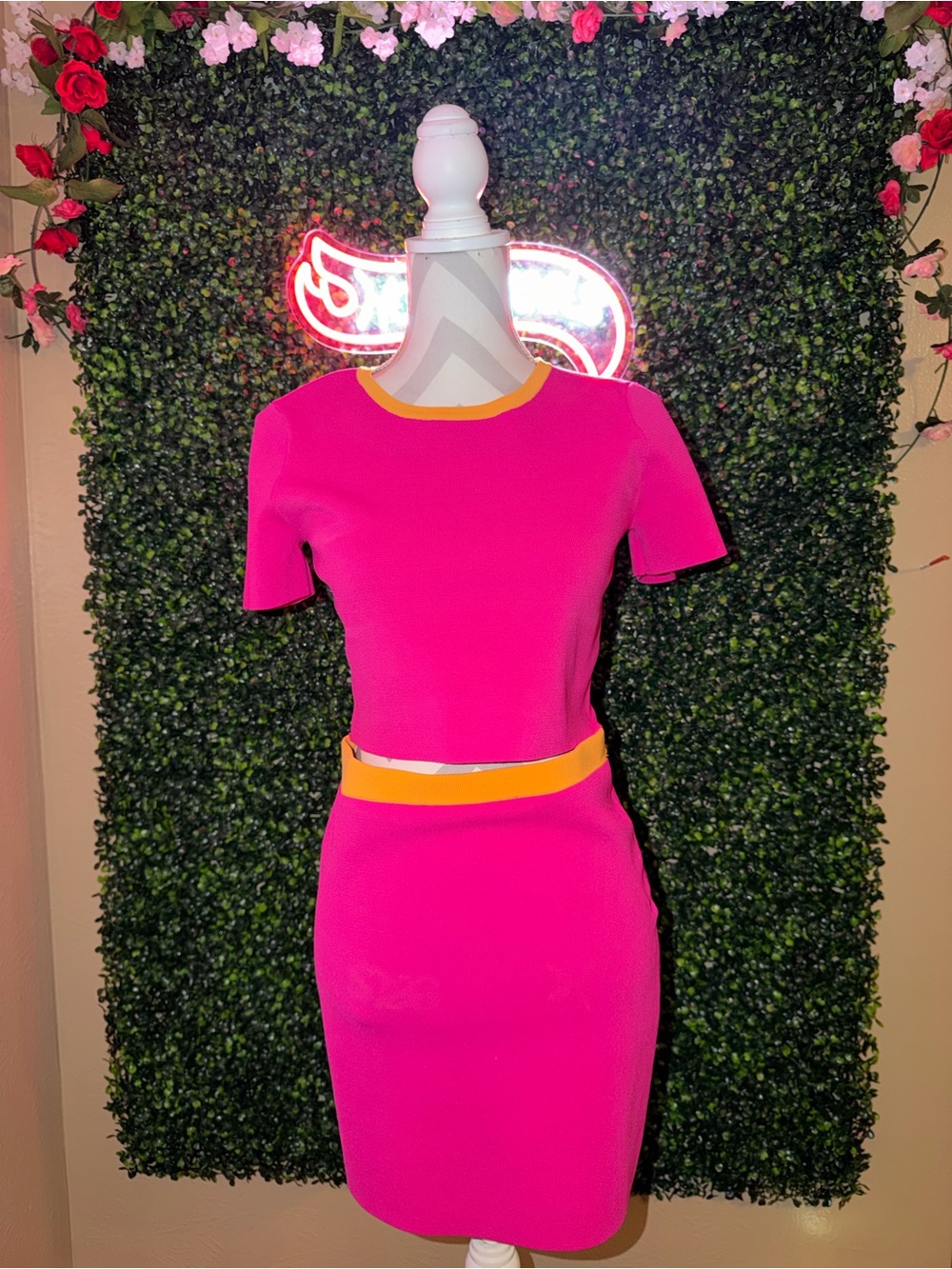 Hot Pink Short Sleeve Skirt Set with Orange Trim